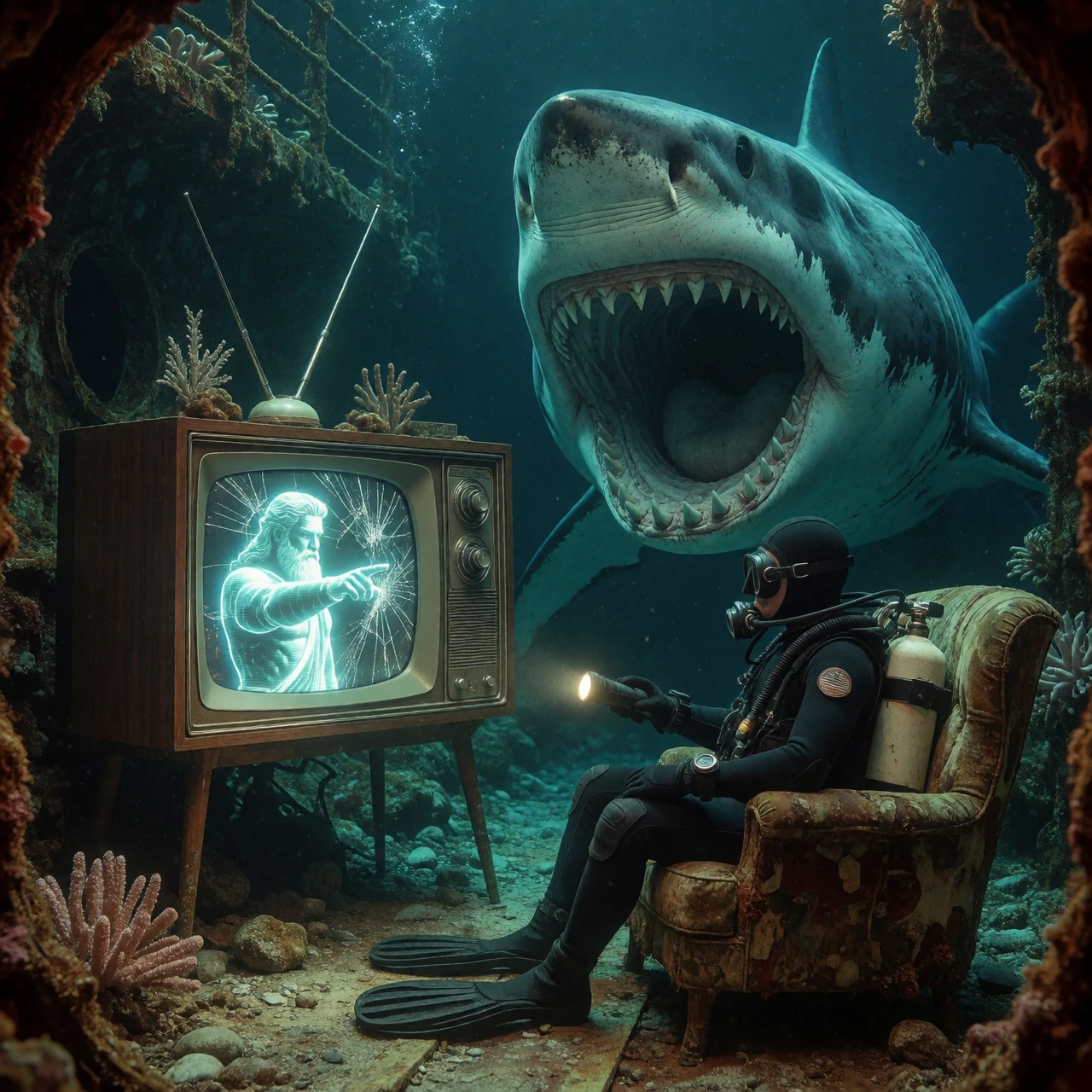 A cinematic, hyper-realistic underwater photo. In a sunlit sunken shipwreck, a vintage 1960s wooden TV sits on the seabed; its cracked screen displays