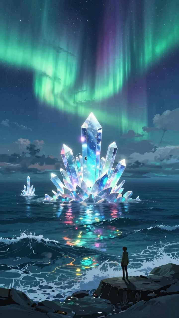 Cinematic anime fantasy landscape, vast ocean with glowing crystal formations rising from the water under a vibrant aurora sky, gentle waves reflecting colorful lights, small silhouette of a lone traveler standing on a rocky shore gazing at the scene