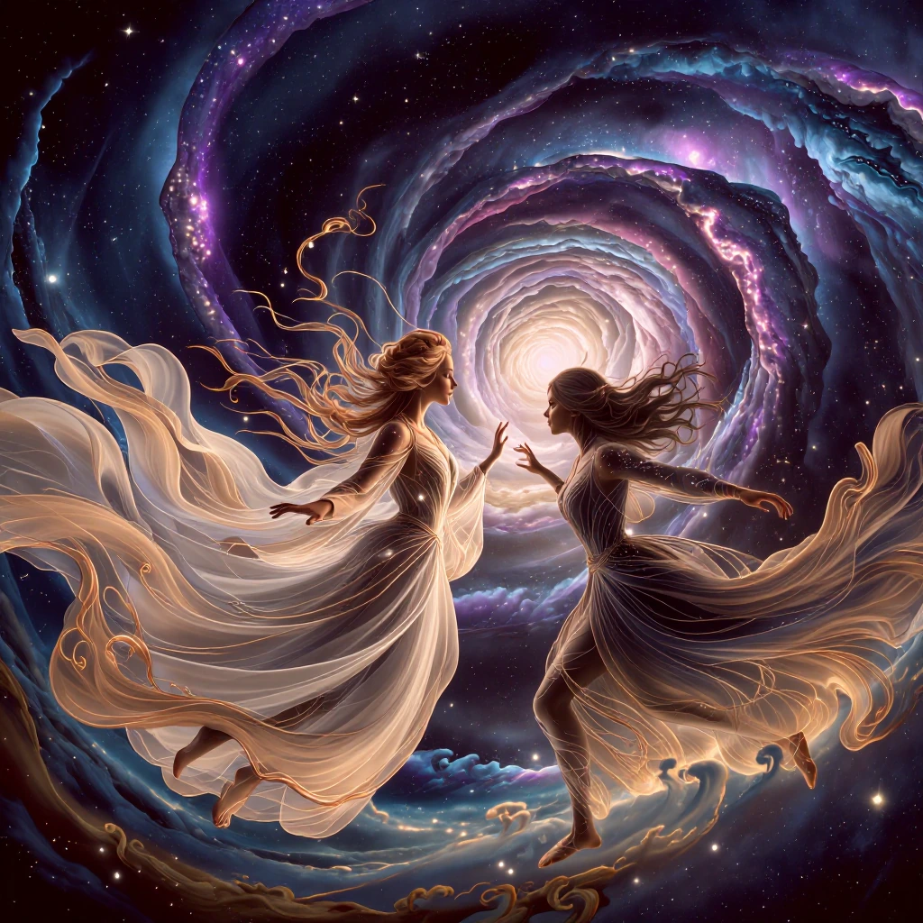 { "elements": { "atmosphere": "mystical and ethereal, evoking a sense of connection and duality", "background": { "features": [ { "color": "vibrant purple and blue", "details": "spiral structure", "type": "galaxy" }, { "color": "white and gold", "den