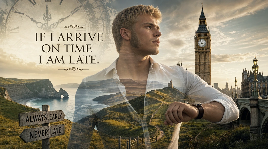 "If I arrive on time I am late." A double exposure image with this caption designed to convey the message that I (the young blonde man) always try to be early, so if I am on time, I an in fact late. Include layers depicting the beautiful Dorset Green