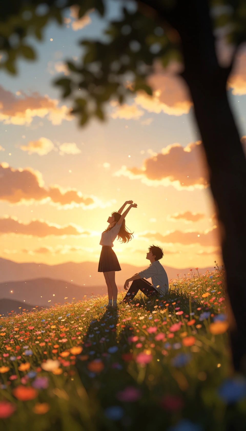 A cinematic, anime-inspired digital painting of a young couple on a grassy wildflower hill at sunset, silhouetted against a brilliant golden sky filled with textured clouds and distant mountains. A woman stands stretching her arms high above her head