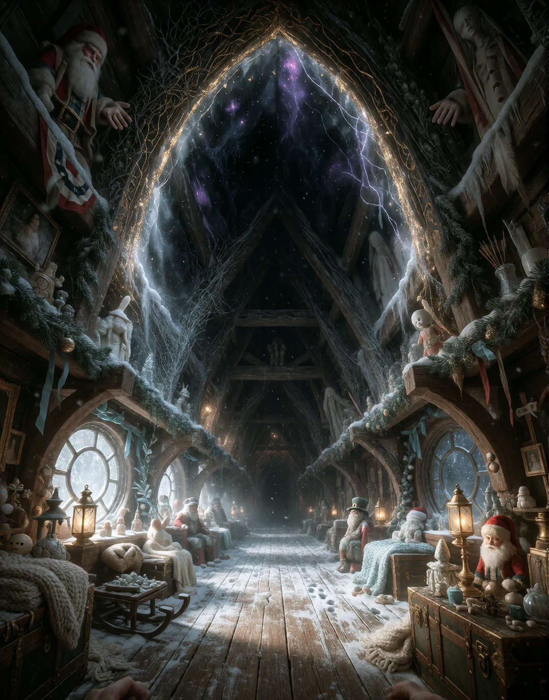 (masterpiece:1.25), (best quality:1.2), (ultra-detailed:1.2), (hyperreal cinematic horror:1.3), (photorealistic supernatural attic interior:1.35), (be