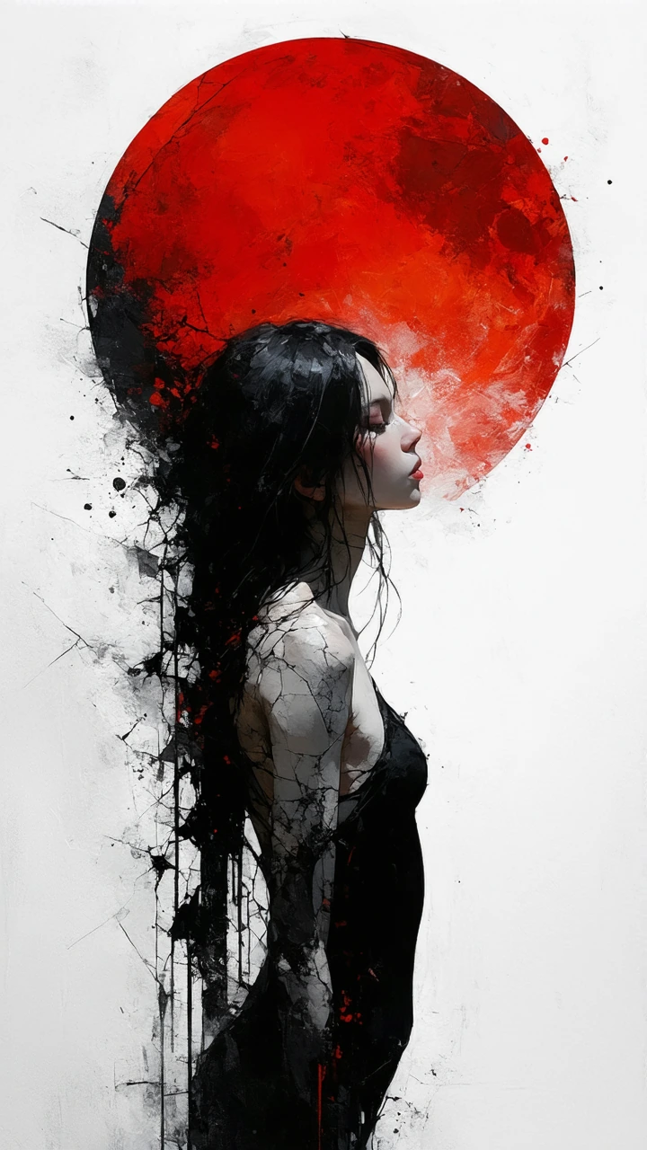 Stylized gothic fantasy illustration of an ethereal woman with long flowing black hair and pale skin, serene downward gaze, elegant elongated pose, wearing a minimal black bikini-like top; her torso and limbs rendered as abstract fragmented shards wi