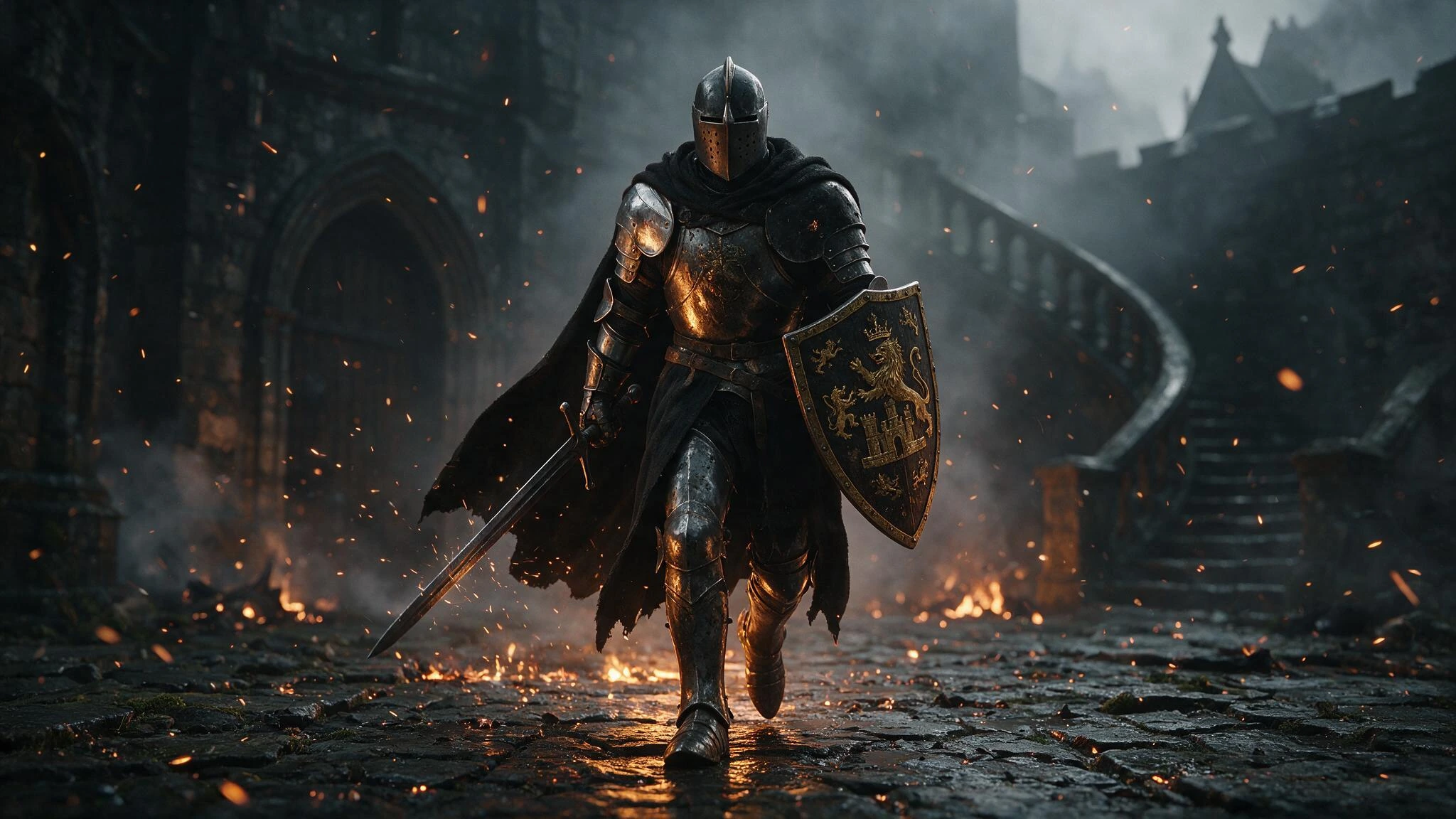 A fully armoured medieval knight walks steadily toward the viewer through a dark gothic courtyard, his heavy sword in one hand and an ornate shield in the other. His steps are slow and confident, armour clinking with each movement. Sparks and ash dri