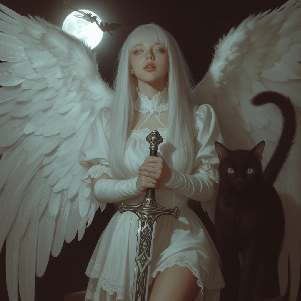 Angelic woman warrior in ice-pale pastel white and soft yellow garments holding an ornate sword, with a black cat emerging from dark shadows at her side, lit by cool moonlight