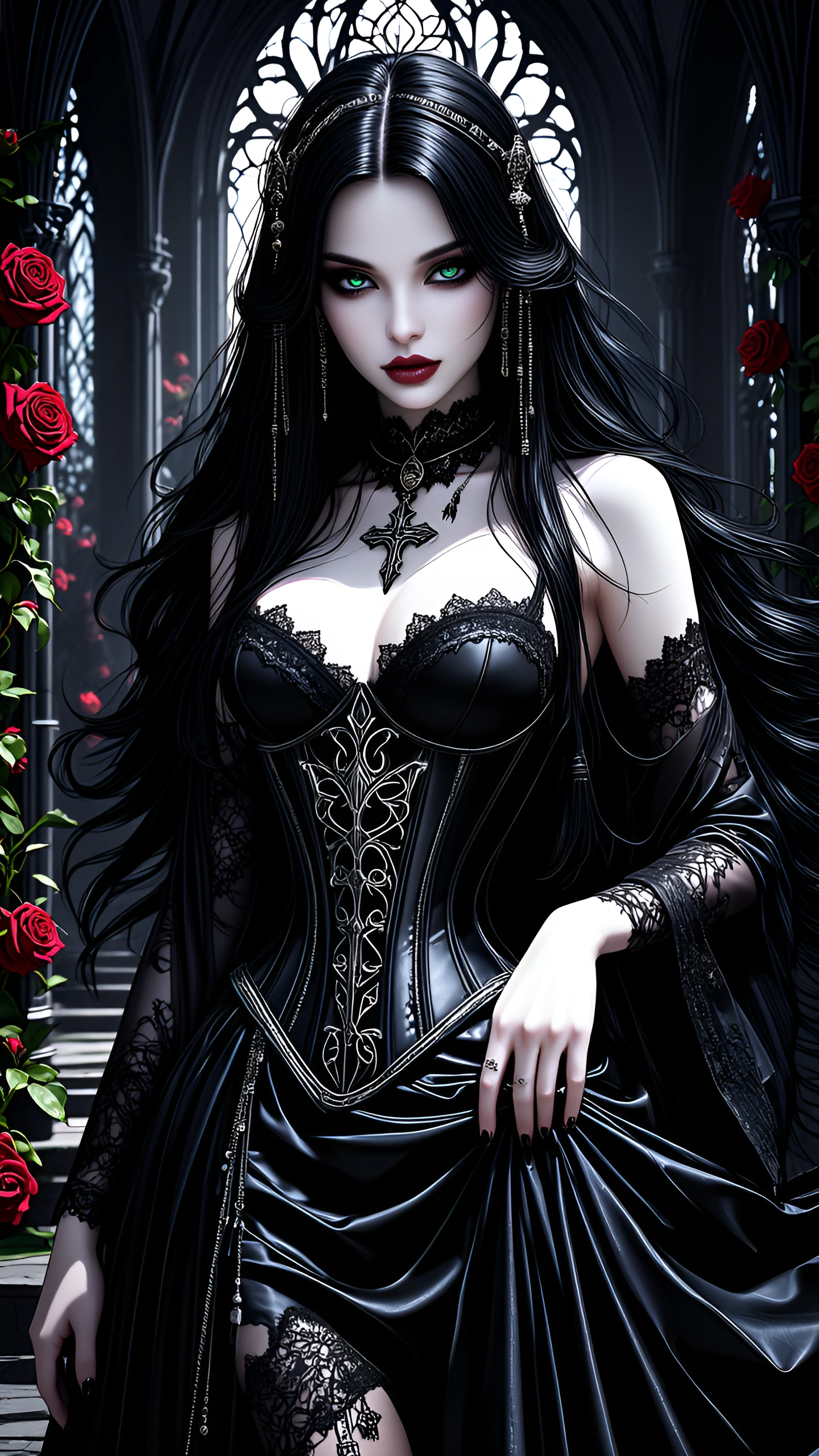An elegantly beautiful goth girl with porcelain skin, lustrous long flowing raven-black hair cascading in soft waves, piercing emerald eyes lined with dramatic smoky eyeliner and deep crimson lips, wearing a regal black gown with intricate lace trimm