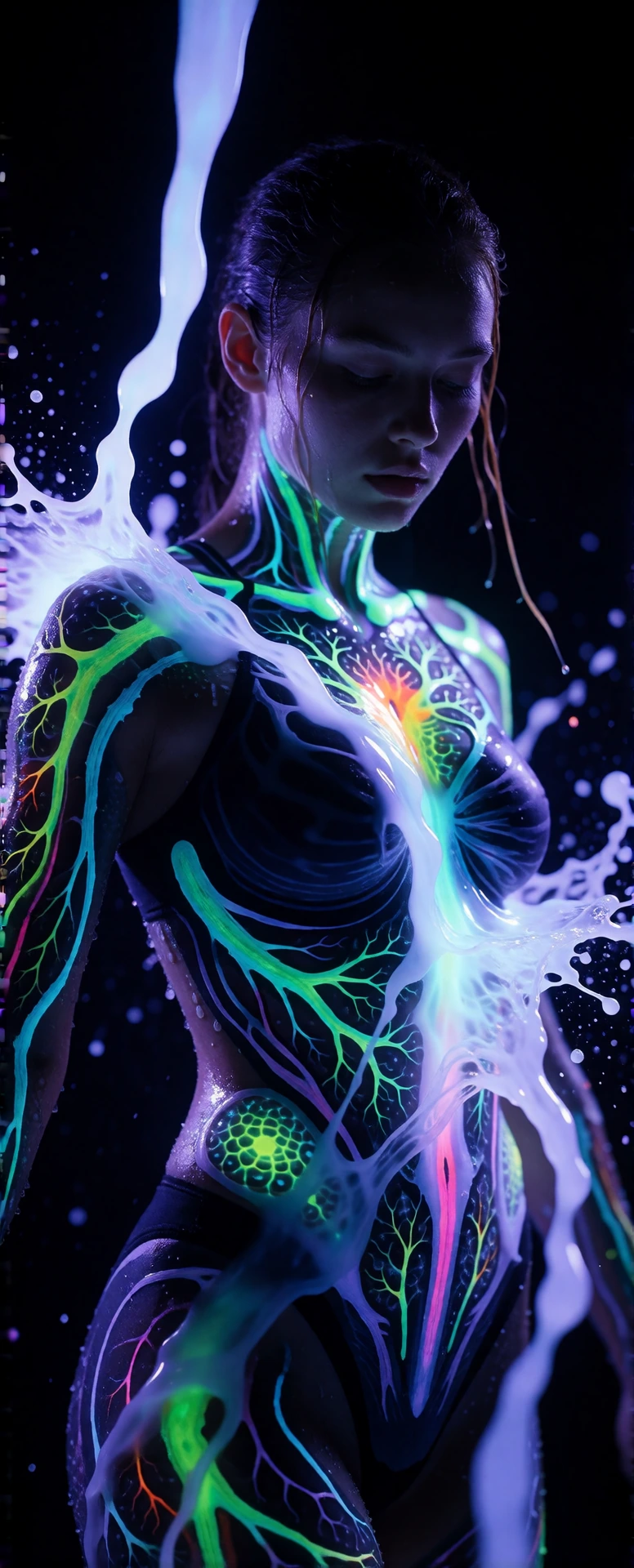 A hyper-detailed, cinematic masterwork of a striking human model standing gracefully in absolute pitch darkness, illuminated exclusively by intense, high-output ultraviolet black lights. The model is dressed in a sleek, form-fitting minimalist athlet