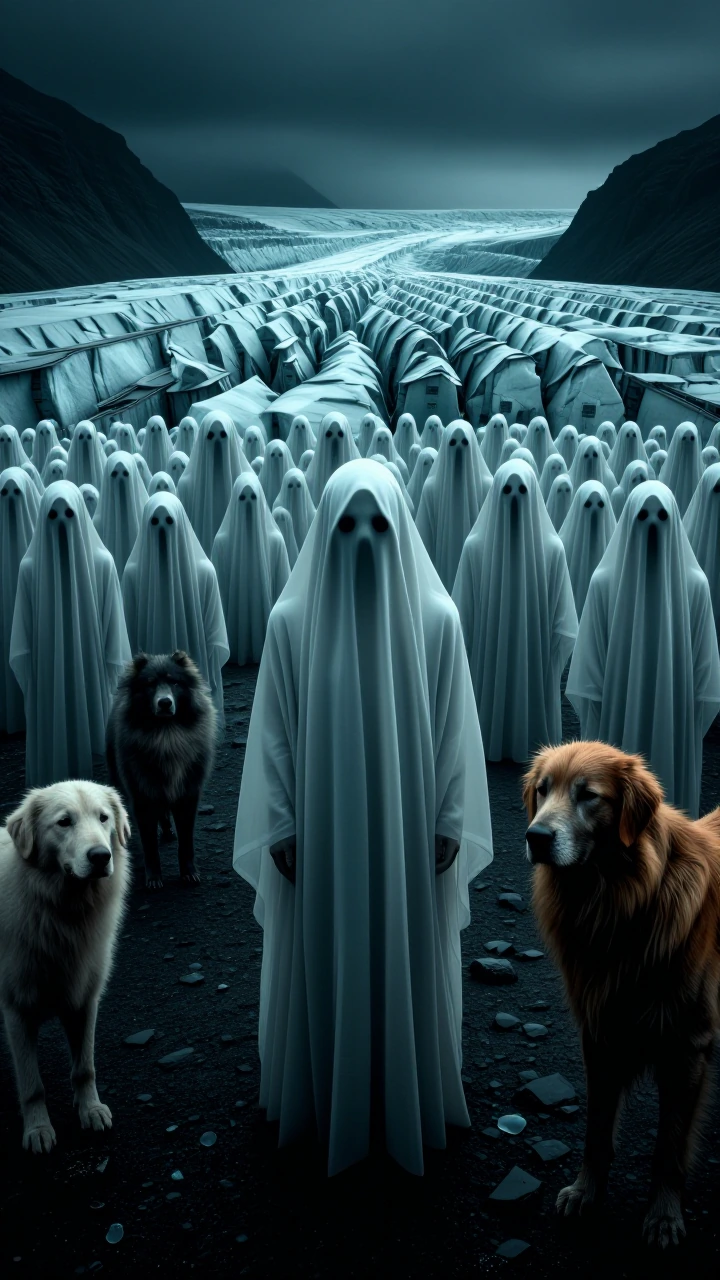Ghosts of deceased humans and animals staring at the camera from a glacier
