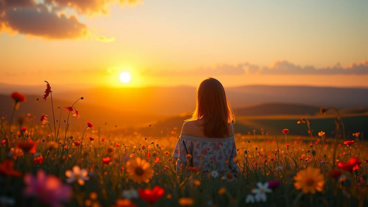 An adorable young woman sits in a field of wildflowers on a hill watching the sun rise.