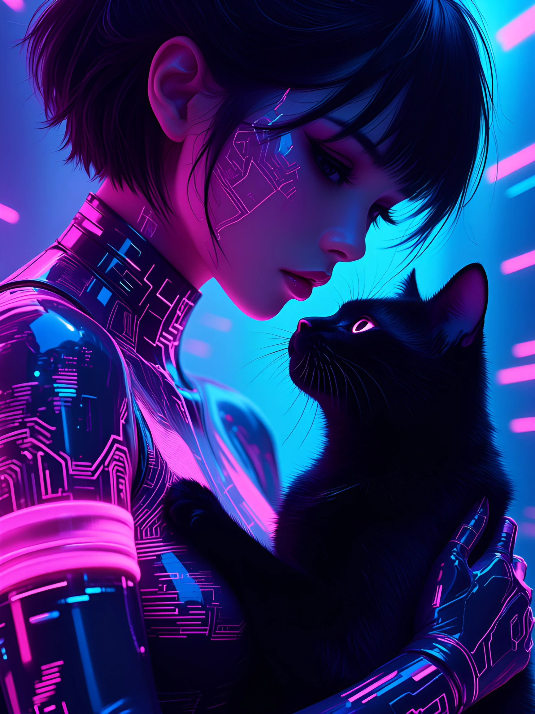 cyberpunk cinematic close-up, a fierce woman in a sleek neon jumpsuit with short cutoffs and leg warmers holding a black cat in her arms, intimate framing showing her face and the cat's face, luminous neon lighting in electric blues, hot pinks, cyans
