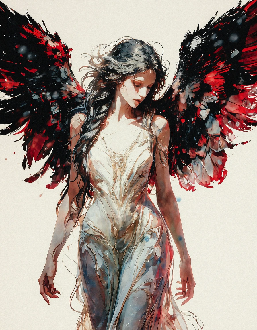 a highly detailed, digital painting depicting an angelic female figure, the figure is depicted in a flowing style, with intricate, flowing hair cascading down her back and shoulders, her wings are large and feathered, with a mix of black and red hues