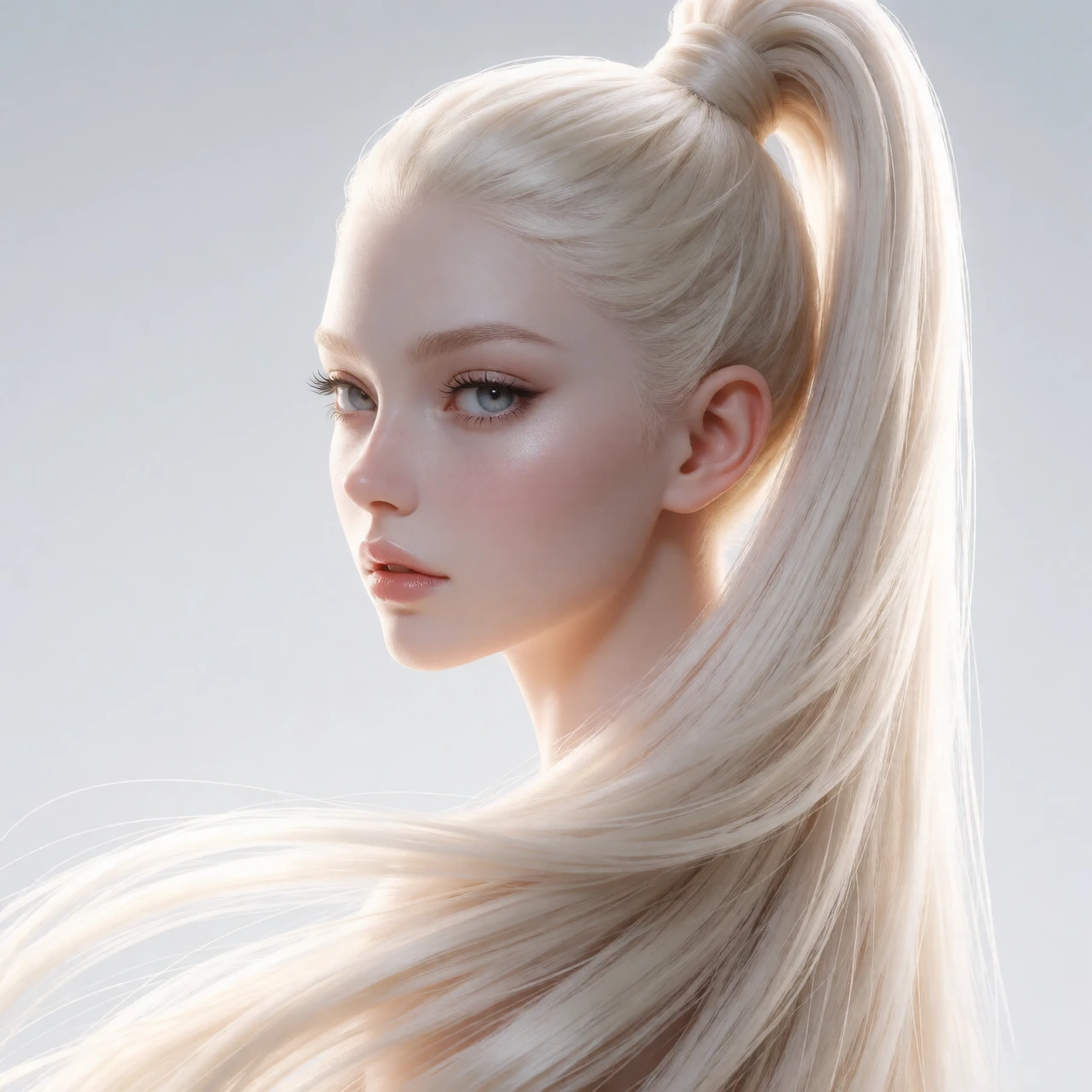 A young woman with ethereal fair skin, sharp elegant features, and extremely long flowing platinum blonde hair pulled into a high sleek ponytail