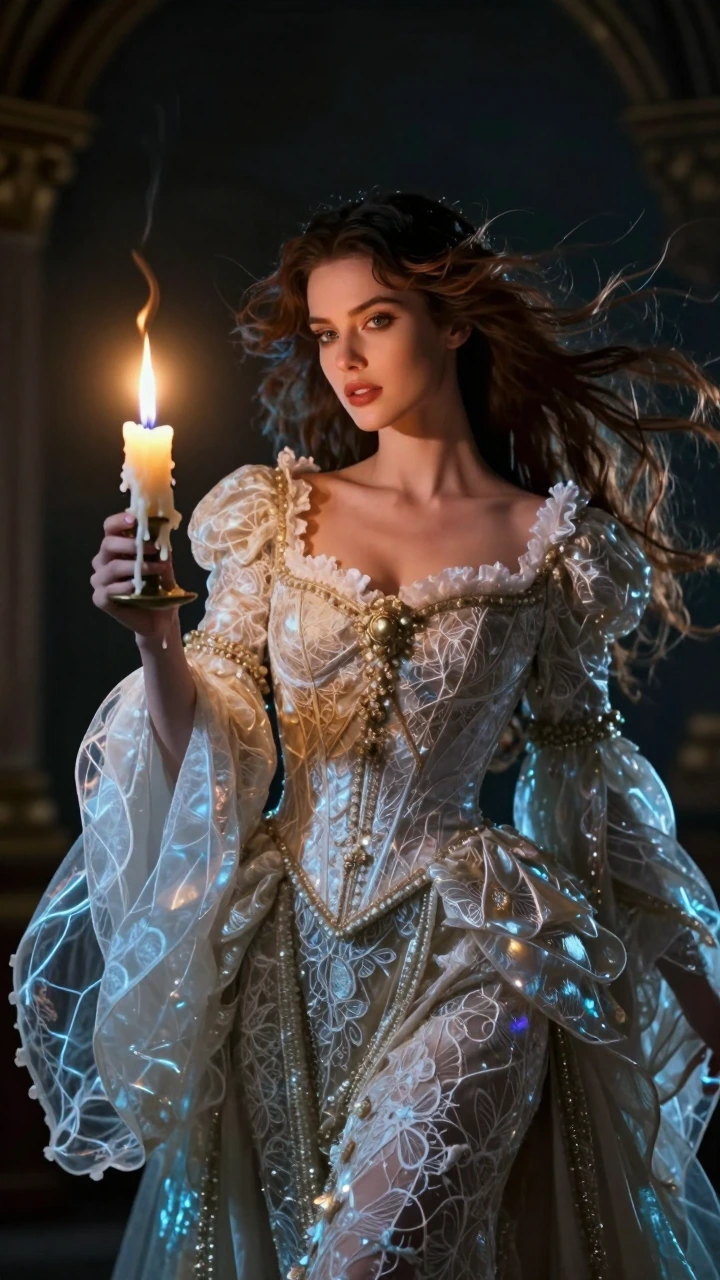Create a high-resolution ultra-detailed portrait of a beautiful queen standing in a bold, dramatic pose, holding a candle. The candle has a hyper-realistic, lifelike flame that flickers, glows, and pulsates as a real flame would, using advanced optic