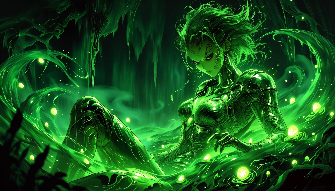 Alien siren in bioluminescent green slime, tentacled hair, form-fitting bio-armor, surrounded by glowing eggs, seductive, otherworldly.