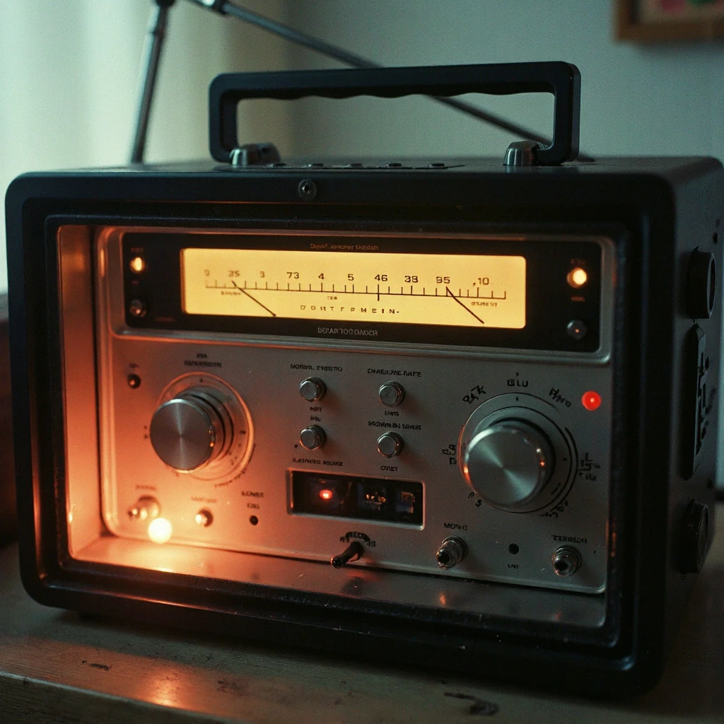 A radio with a LCD screen glowing hot with excess energy