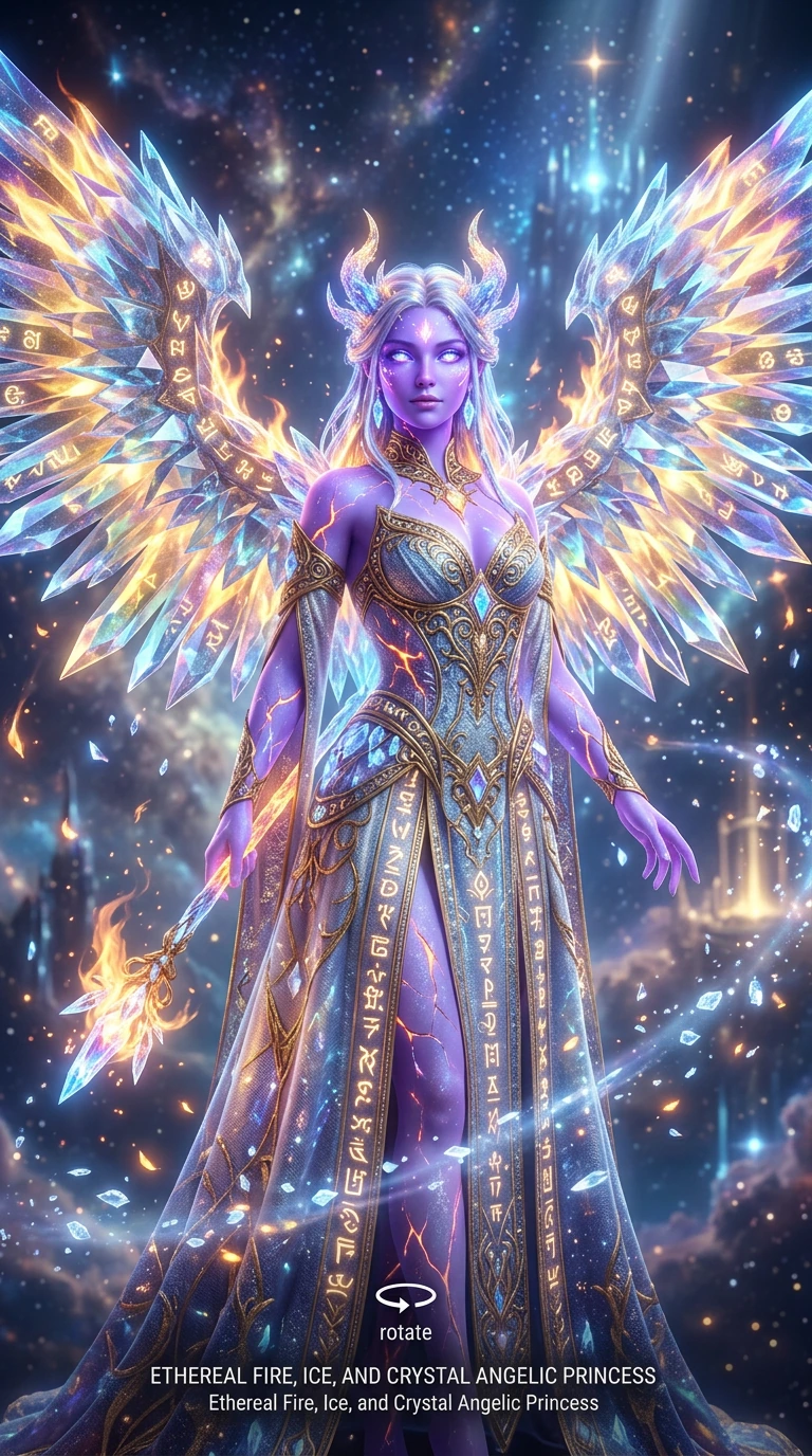 Ultra-realistic, 3D, UHD, 8K Image of an Interactive 3D Model of a Fire, Ice, and Crystal Angelic Princess. [Design Details]: Her glowing skin and eyes radiate a divine, ethereal ultraviolet energy, brilliantly luminous and awe-inspiring. She exudes 