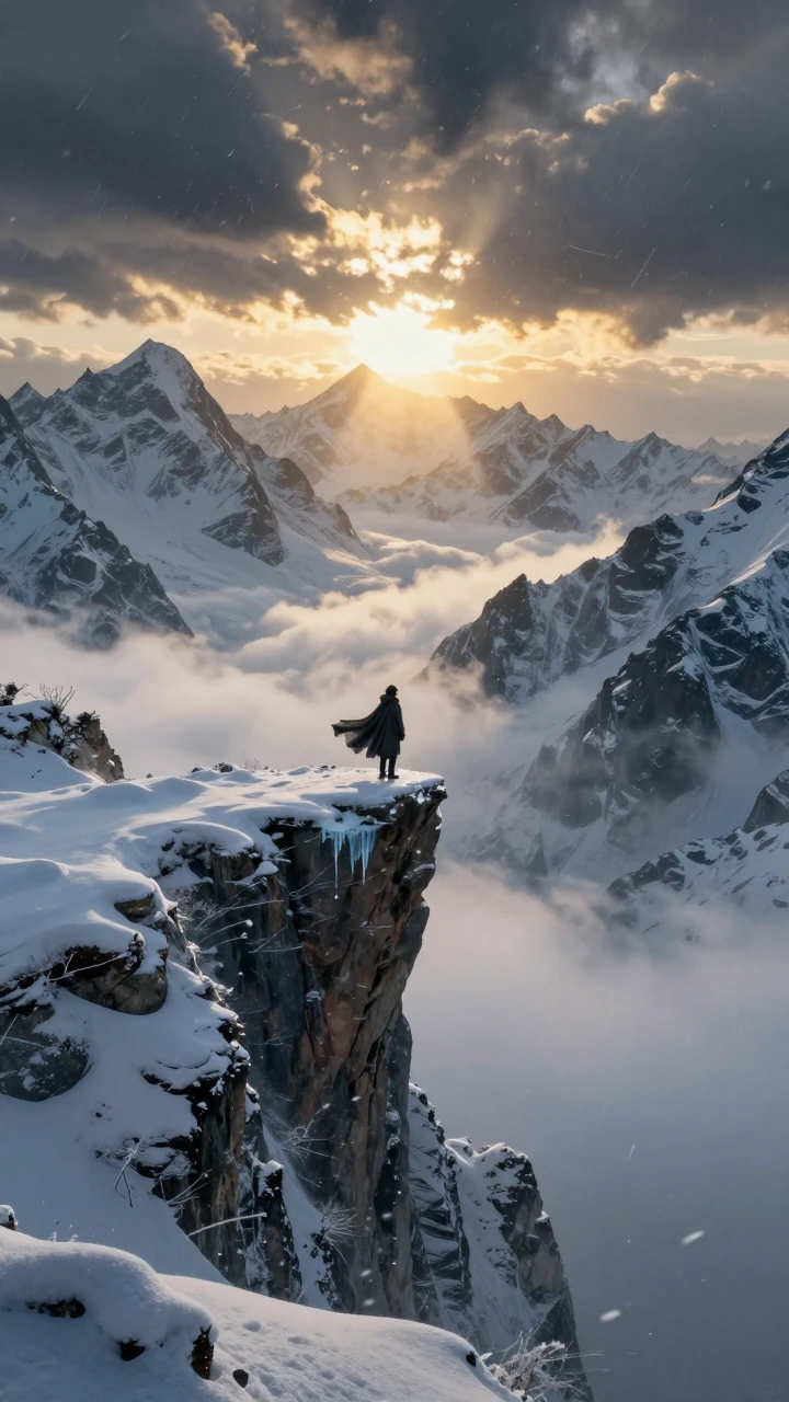 Ultra-detailed 9:16 vertical cinematic fantasy landscape, lone wanderer in dark flowing cloak standing on a narrow icy cliff ledge high on a massive snow-covered mountain range like Mt. Everest at sunrise, jagged rocky peaks and steep cliffs disappea