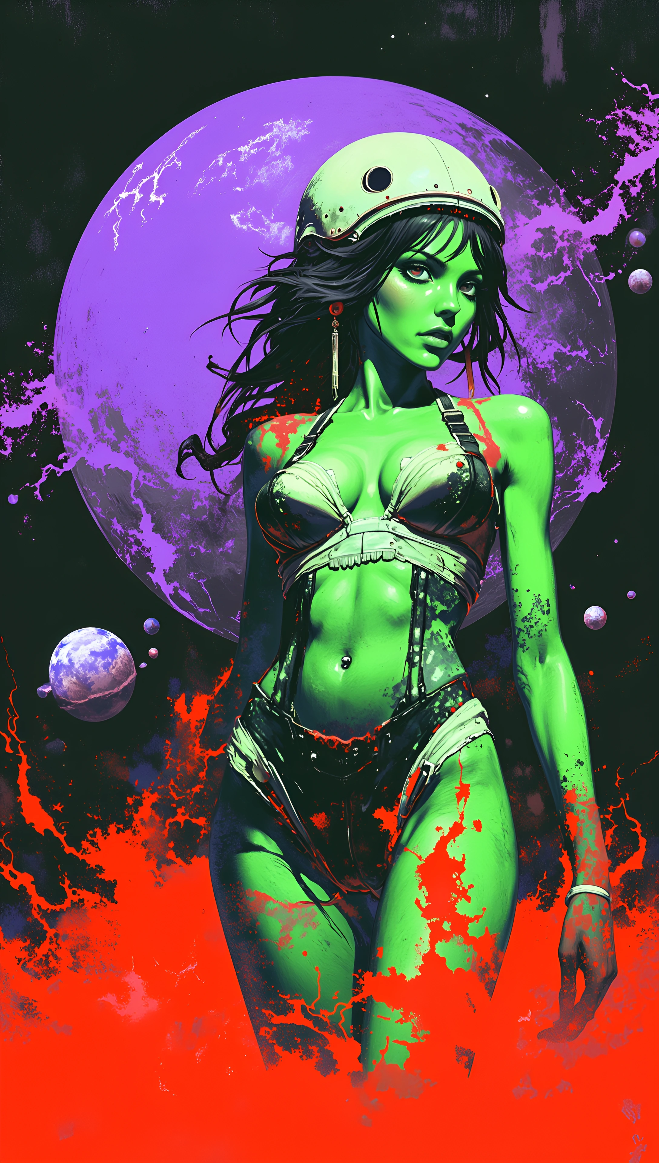psychedelic poster, sexy woman with green skin, martian, purple planet, weird space, pulp fiction illustration, lsd theme, existentialism