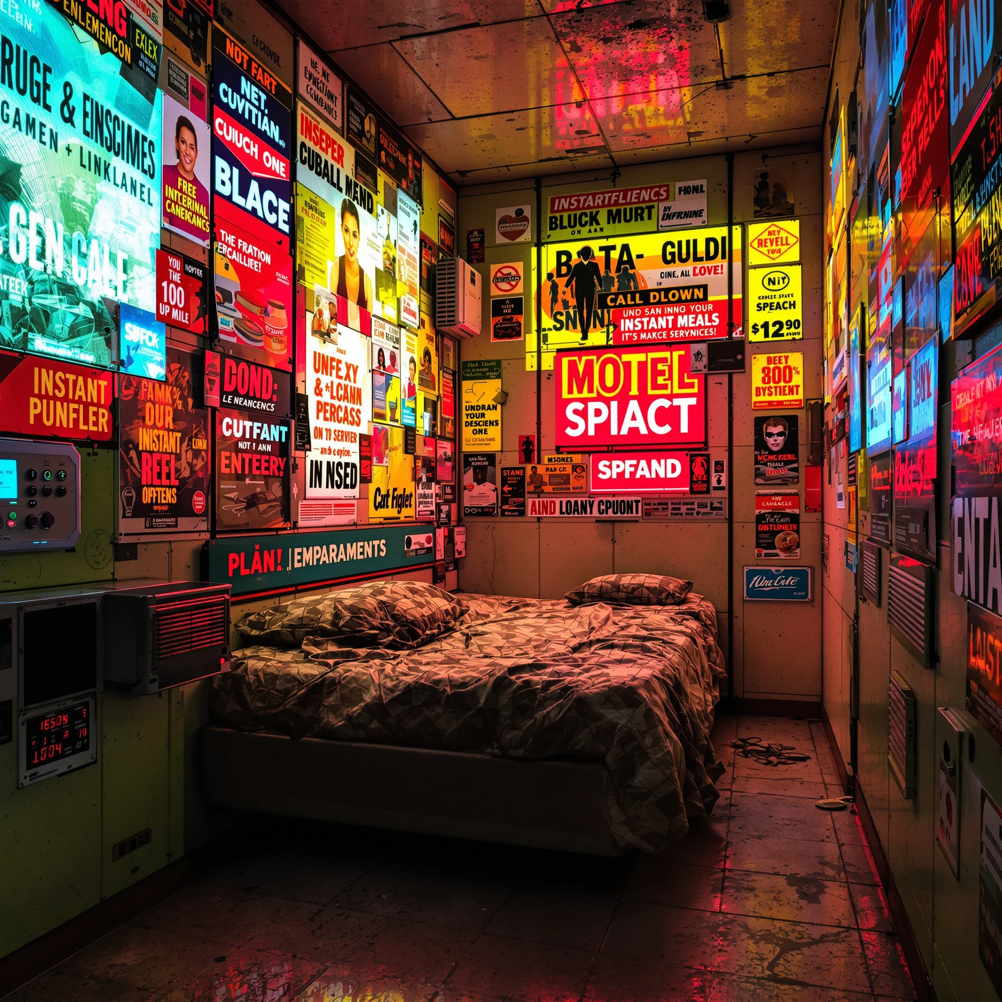 a cramped, low-cost futuristic motel room feels more like a temporary shelter than a place meant for comfort. The walls are covered in layered advertisements, some printed, others projected or flickering digitally. Bright colors clash across the surf