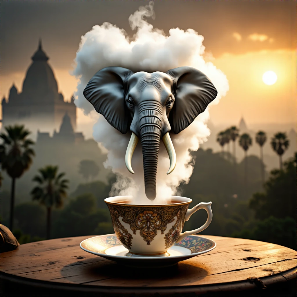 Surreal digital art masterpiece. An ornate vintage porcelain teacup with intricate floral patterns sitting on a rustic wooden table. Thick, swirling white steam rises from the hot tea, morphing into a majestic, highly detailed elephant head with tusk