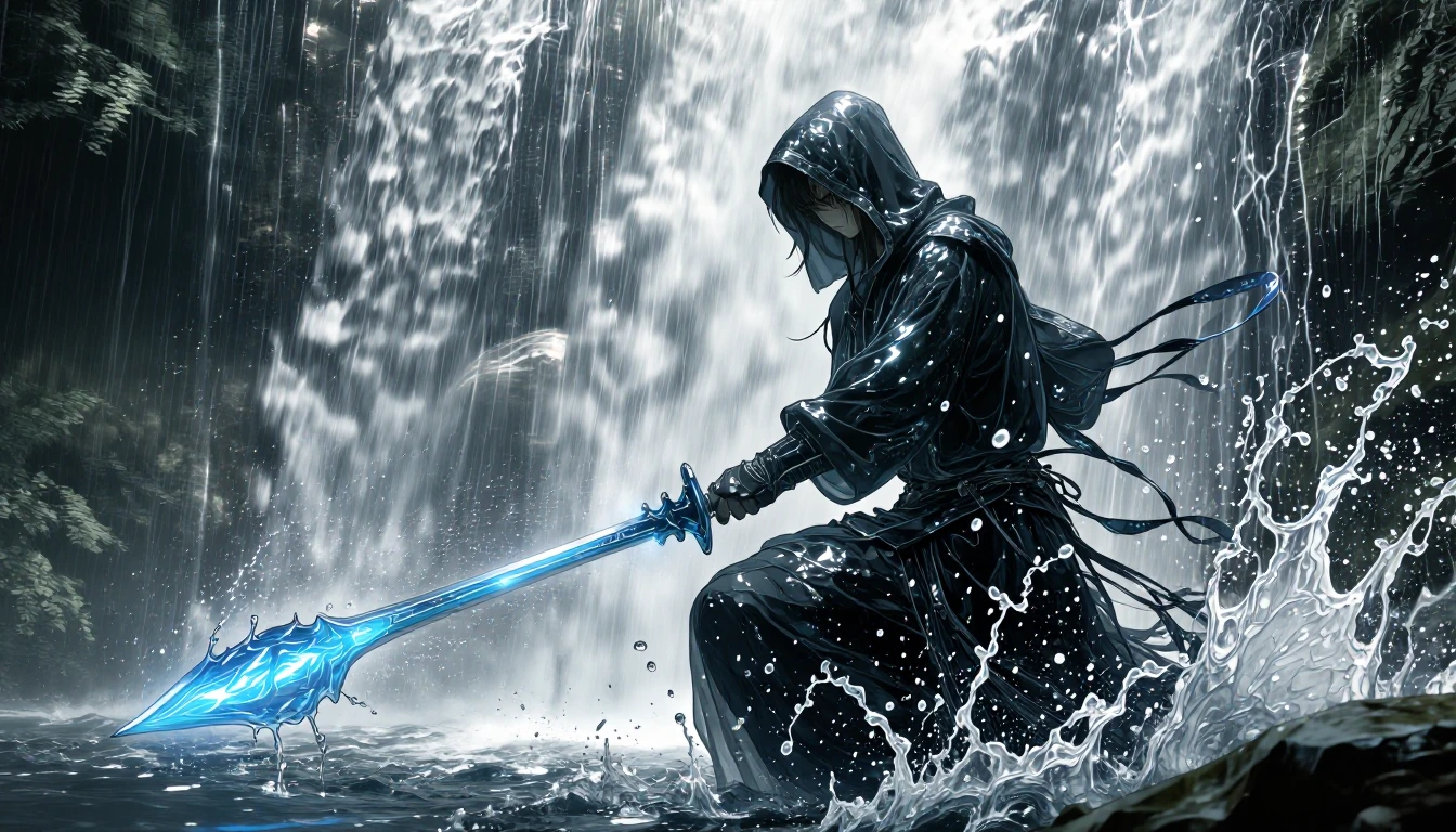 a hooded figure wielding a glowing blue sword, standing in a turbulent, waterfall-filled forest. The figure is dressed in a dark, flowing robe with in
