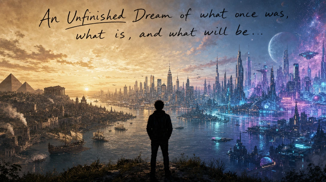 Hand-written Title: "An Unfinished Dream of what once was, what is, and what will be..." The Image: A silhouetted man looks out at the world that once was (History), The World that is (Modern World) and what will be (The Futuristic World). The three 