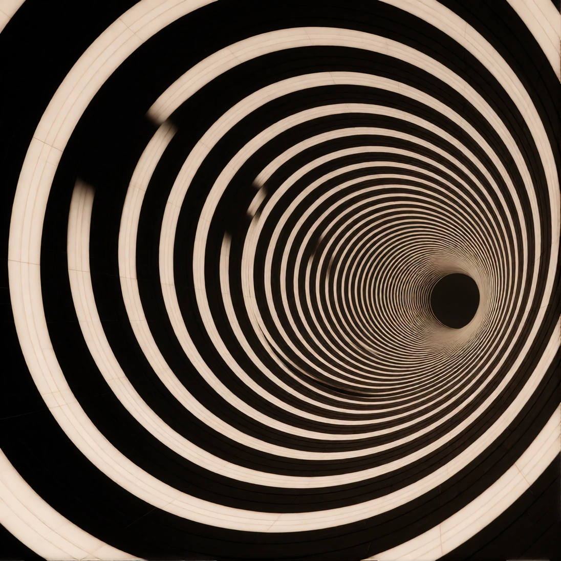 Black and white striped tunnel receding to a vanishing point, concentric circles or spiraling rings creating a hypnotic dizzying effect, sharp high-co