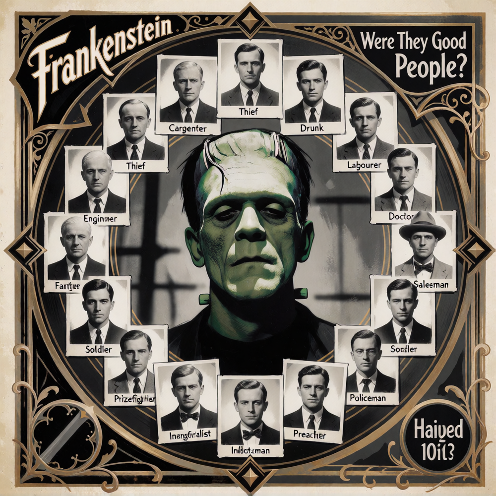 Central portrait of Frankenstein's Monster in colour—verdant skin, Hulking Hyper-Muscular, heavy cross-hatch surgical scars, bolts protruding from nec