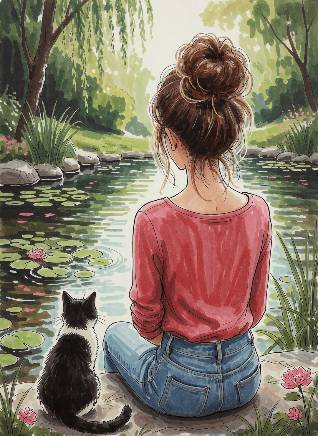marker drawing of woman messy bun hair sitting by the pond with her cat