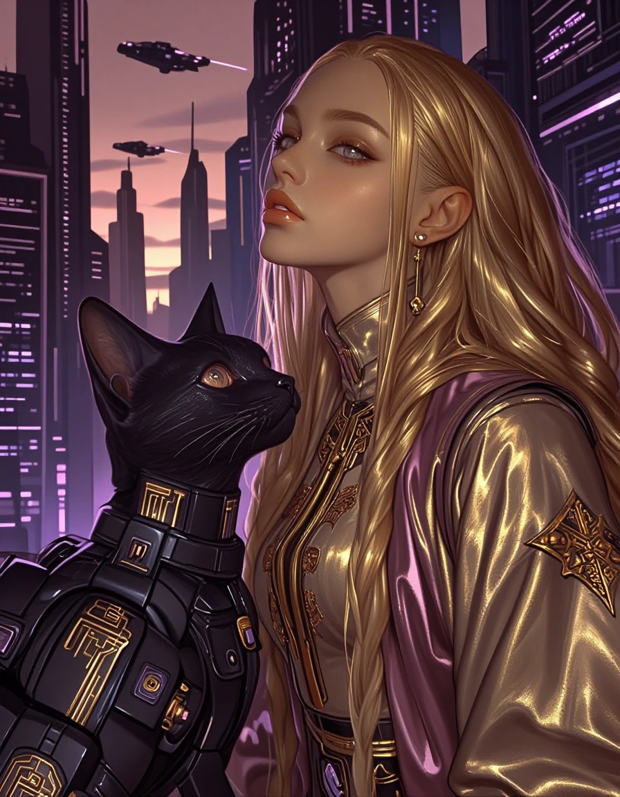In a futuristic cityscape bathed in the twilight hues of black, gold, and mauve, a woman with flowing metallic gold hair stands beside a sleek, cybernetic cat. Her eyes reflect the neon lights of the distant skyline, while her attire blends tradition