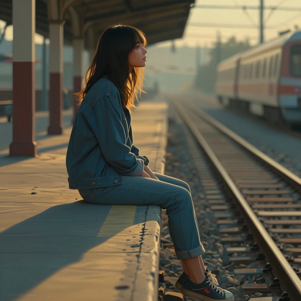 Young woman sitting on the edge of a train platform with legs dangling over the tracks, afternoon golden hour light casting long shadows, cinematic co