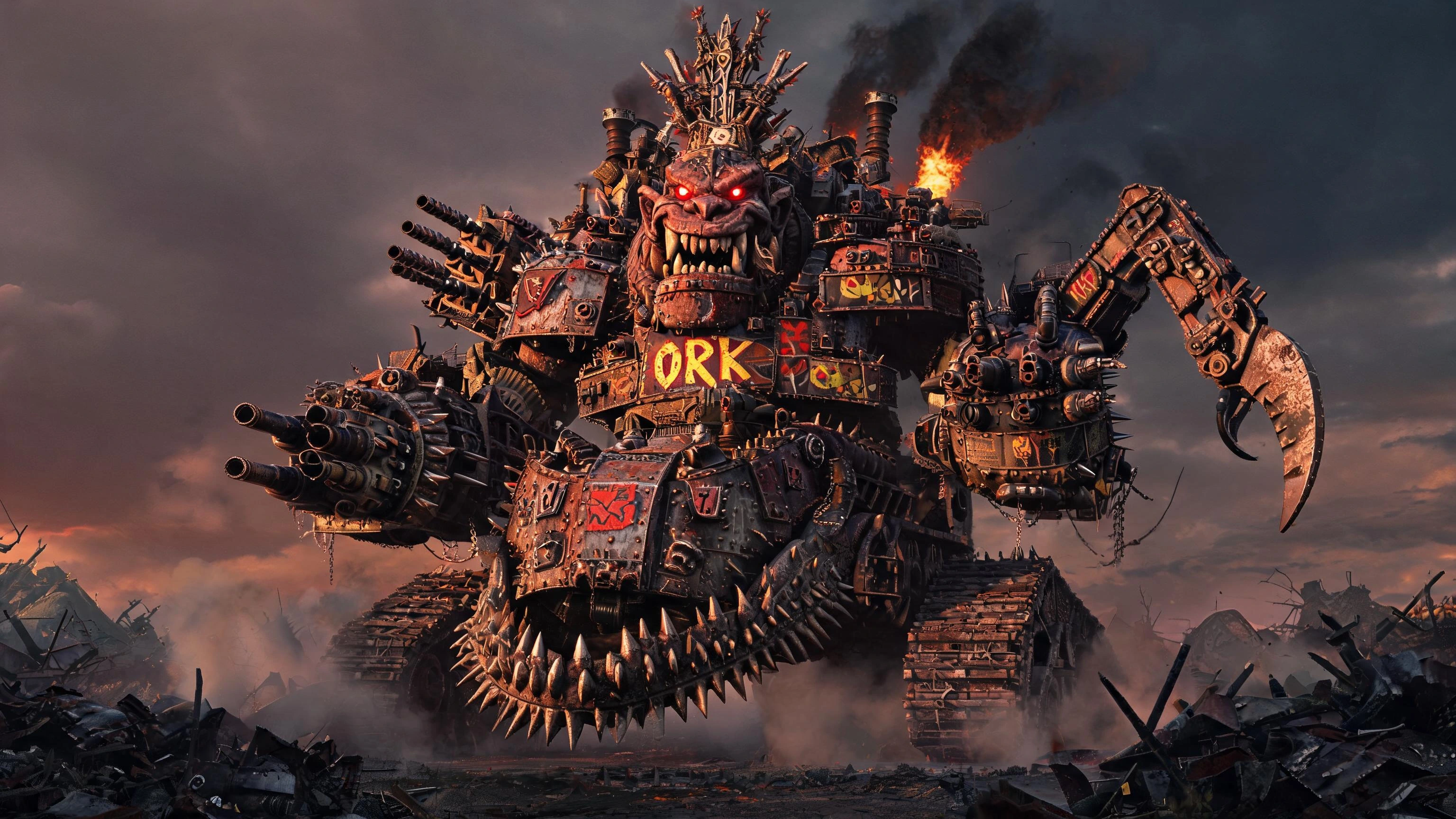 A massive, photorealistic Ork Gargant war machine from Warhammer 40k, towering 40 meters tall, built from scrap metal, riveted armour plates, and looted parts in classic ramshackle Ork style. Multi-tiered armoured body on heavy tank tracks with a hug