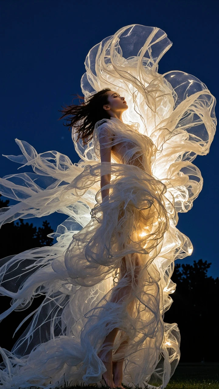 A translucent figure made entirely of flowing white and pale grey silk ribbons and tulle, spiraling and billowing outward in mid-motion, photographed against a deep indigo sky at dusk. The ribbons catch golden-hour light along their edges, creating l
