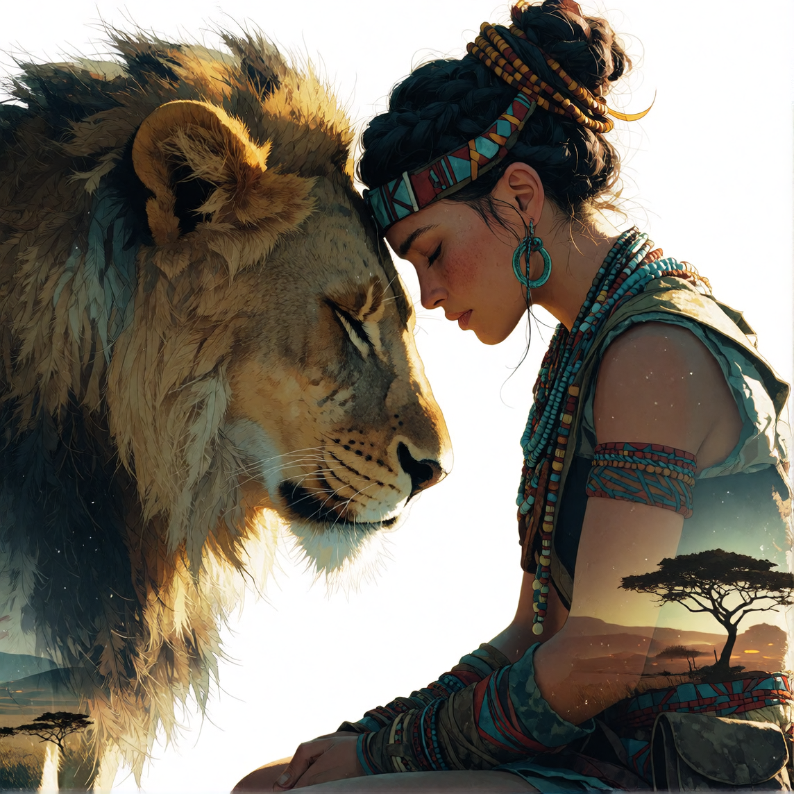 kottomari style illustration of a portrait of a warrior woman resting her forehead gently against the head of a majestic lion, both with eyes closed i