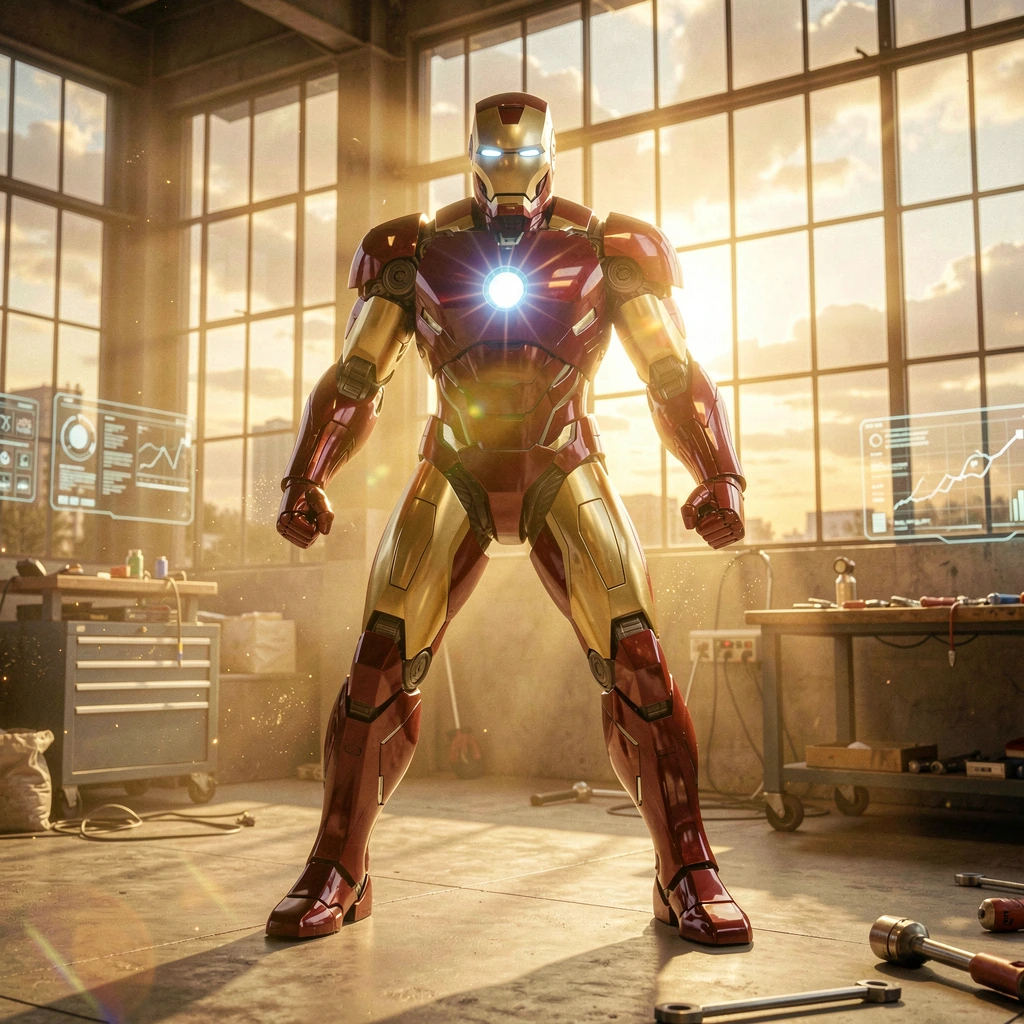 Iron Man's Mark armor in pre-flight stance inside Tony Stark's workshop, repulsor cores glowing with arc reactor energy, golden hour sunlight streaming through industrial windows creating dramatic rim lighting on polished red and gold metal plating, 