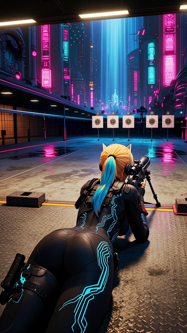Ally, independent operator, ultra-realistic cinematic photo. Indoor concrete shooting range, diamond-plate or worn concrete floor, paper bullseye targets at the far end, overhead lights. Camera at ground level behind her looking down the lane. She is