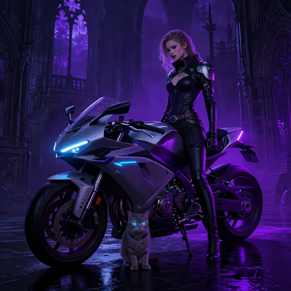 A woman and a cat beside a sleek cyberpunk motorcycle in a moody gothic setting, dark atmospheric lighting with neon accents in deep purples and electric blues, cyberpunk aesthetic mixed with gothic architecture, rain-slicked surfaces, bioluminescent