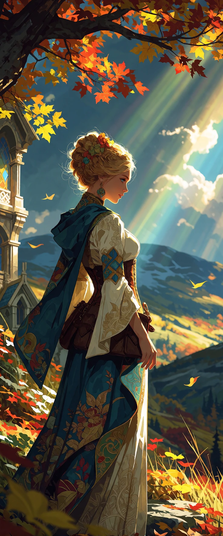 Silent lucidity, autumn colors fill this color palette with sharp contrasts and endlessly gradient hues of juxtaposed beauty, microscopically detailed. The warm light of evening bathes her silhouette standing at the edge of an equinox. A celestial eq