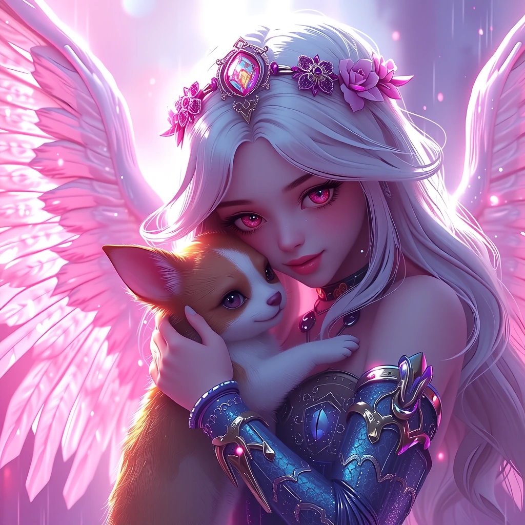 Garota anime angelical super fofa, loira com cabelo longo ondulado, óculos redondos dourados delicados, asas brancas brilhantes e suaves, expressão cheia de compaixão e amor. Ela está ajoelhada abraçando carinhosamente um cachorrinho vira-lata pequen