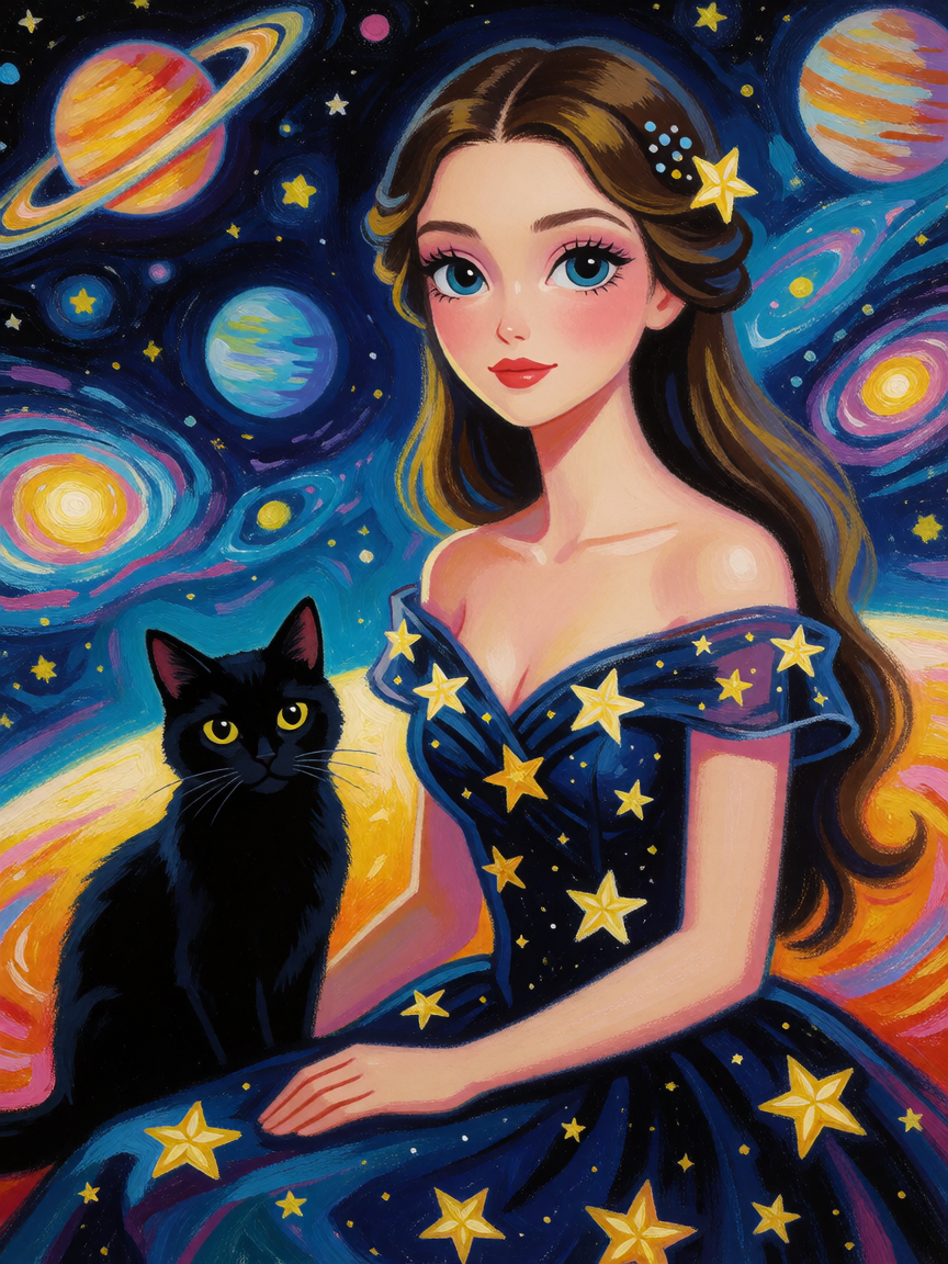 A woman with big eyes and long hair, wearing an elegant dress adorned with stars, sits next to her black cat in a universe filled with planets and galaxies. The artwork features vibrant colors, a detailed background, and an oil painting style, with a
