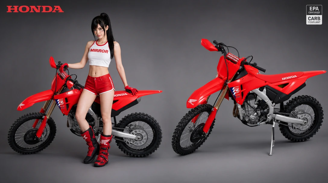 A polished product advertisement image. The composition is split: on the LEFT, the person from the FIRST reference image posed casually as a model, wearing or holding the dirtbike from the SECOND reference image. On the RIGHT, the same dirtbike from 