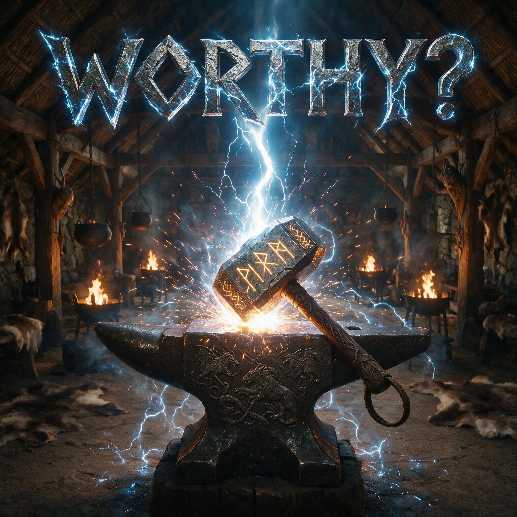 Day 1: Mjolnir Hammer of the Gods; In a Norse Longhouse a mighty Anvil inscribed with images of legendary creatures slain by the weapons forged upon this anvil sits. A Mega Bolt of Lightning is striking the anvil and forming a massive Warhammer inscr