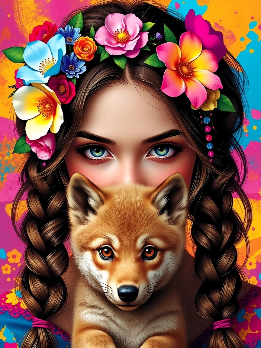 Woman with beautiful flowers in her hair, brunette hair, twin pony tails with a wolf pup, colorful background
