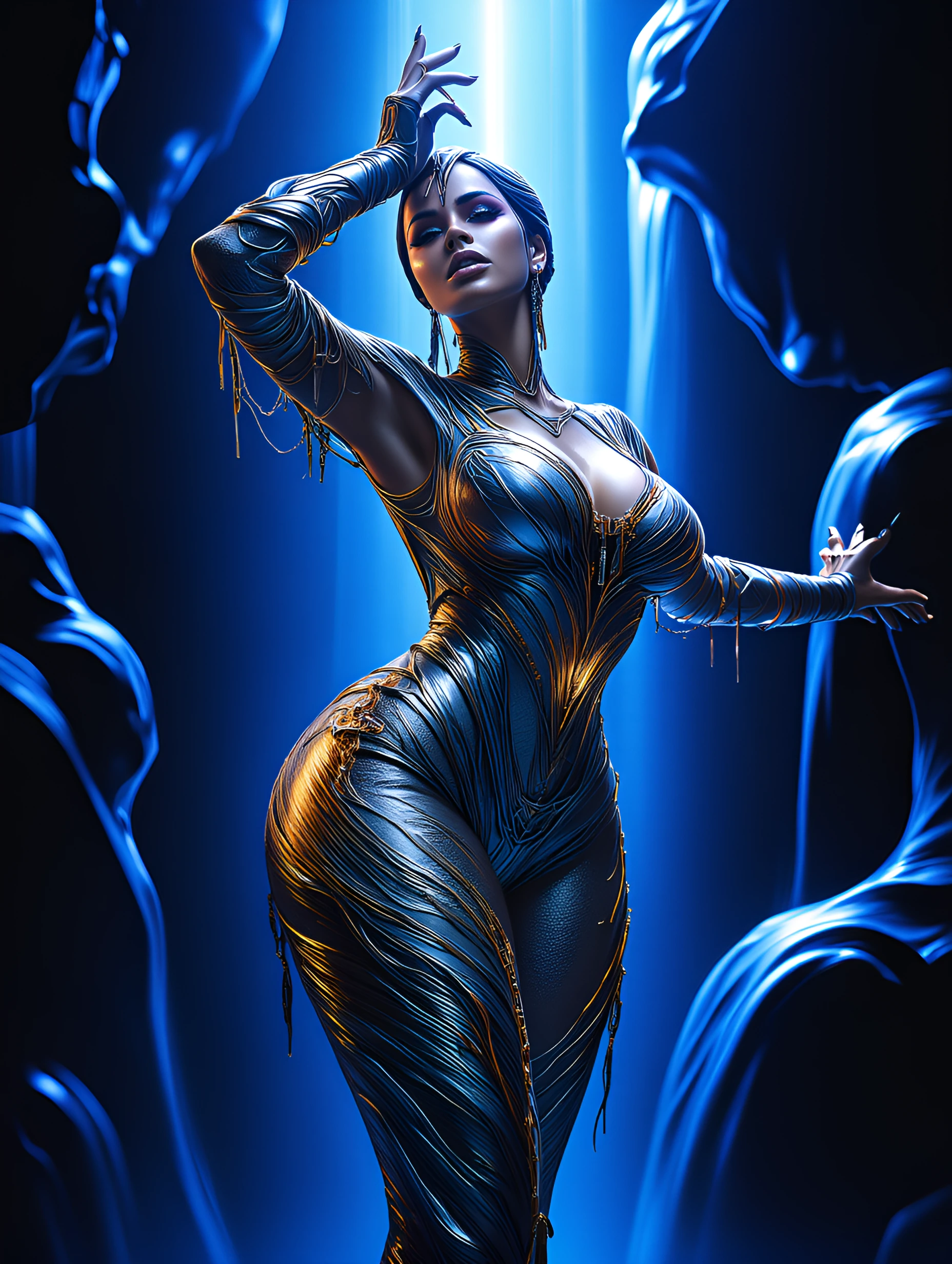 Massive Cleavage, ultra-curvy, The Ultra-curvy Avant-garde Superstar singer dressed in rapier wit, posing in a shining metallic palace with liquid metal fountains, metallic makeup, powerful, Mercury, Venus
