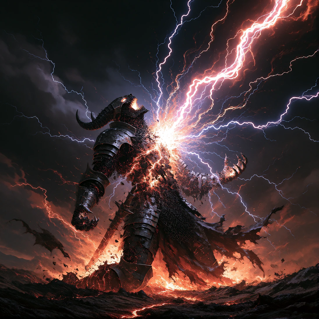 A demonic knight in blackened armour kneeling before a storm-dark sky, mouth open mid-oath in a snarl, the moment of divine retribution frozen mid-strike: a jagged bolt of white-hot lightning tearing vertically through his body and armour, the impact
