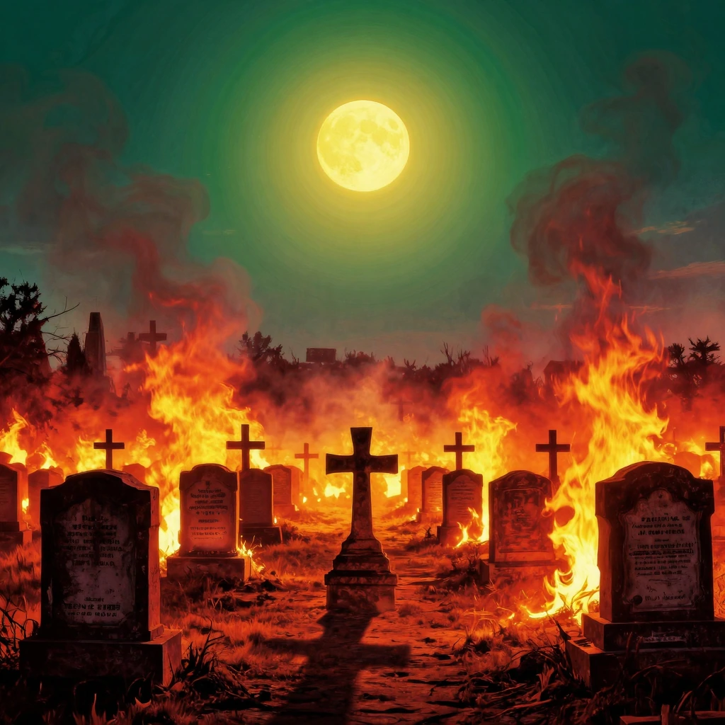 A vast cemetery under a bruised twilight sky where Venus burns enormous and acidic-yellow on the horizon. Fires rage between the headstones—not destroying but illuminating: orange flames lick upward casting long shadows of crosses and monuments acros