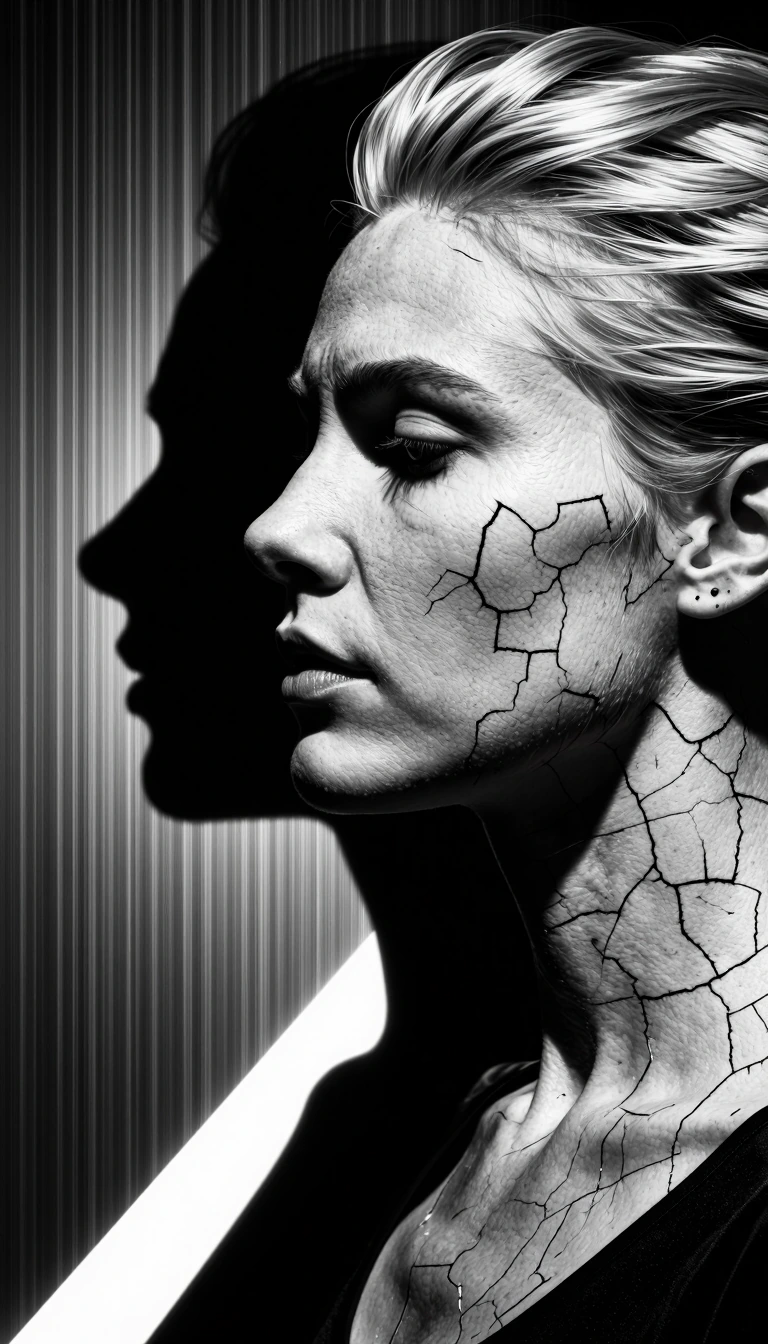 Hyper-realistic monochromatic fine-art portrait, extreme chiaroscuro lighting, woman in sharp profile view, sculptural shadows forming hidden second profile face in negative space, optical illusion composition, deep psychological tension, dramatic li