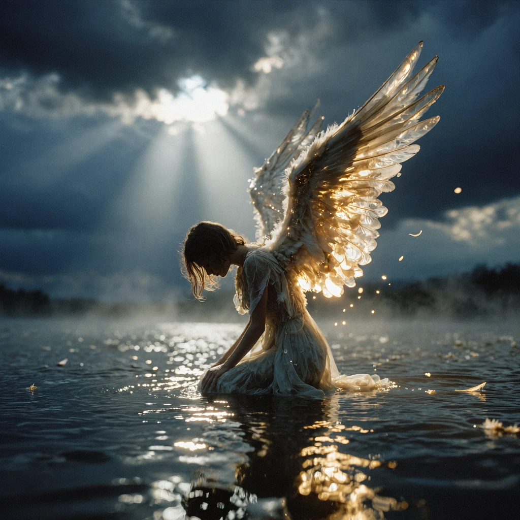 mirage split, A dramatic fantasy scene of a winged woman kneeling in shallow water beneath a stormy sky, her posture lowered and reflective, head slightly bowed. Large translucent wings rise from her back, layered like glass feathers, glowing softly 