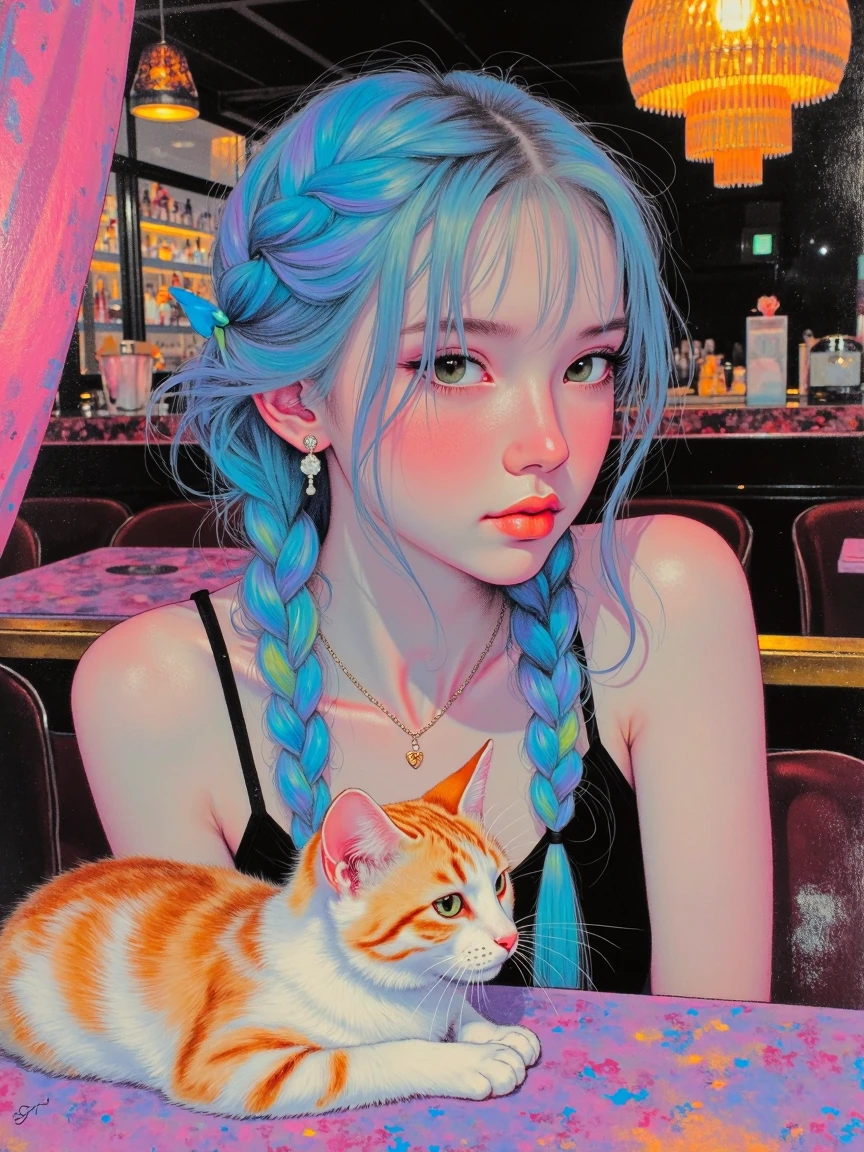 a woman pastel blue ombre braids, in a cafe with a cat, in a vibrant, surreal artwork blending elegance, whimsy, and dreamlike imagination. Use a rich color palette of vibrant tones, dark contrasts, soft pastels, and metallic accents. Include intrica