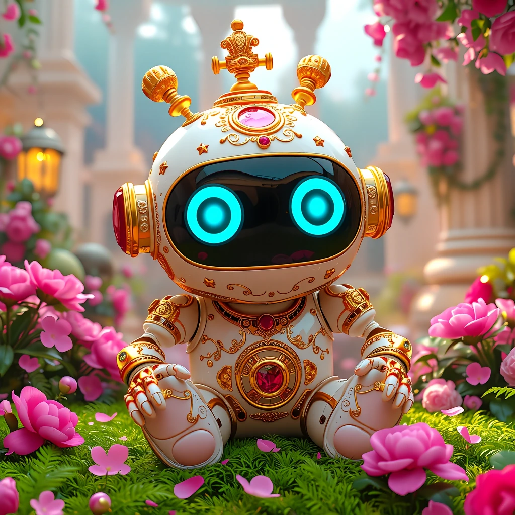 masterpiece, best quality, ultra-detailed, 8k, photorealistic, cinematic lighting, a ridiculously cute and adorable chubby little robot, extremely kawaii and whimsical, luxurious ornate design inspired by baroque and rococo jewelry, creamy white porc